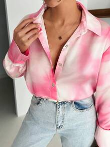 EURMUSE Women's Tie-Dye Print Long Sleeve Button-Up Casual Shirt - Pink - View 5