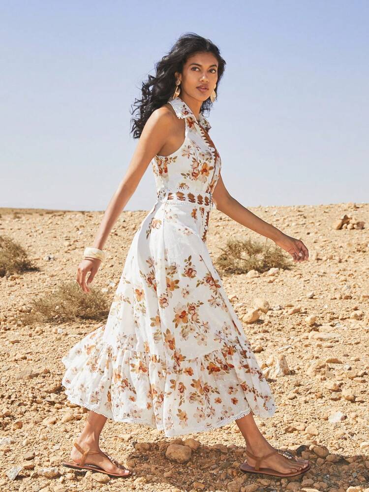Women's Elegant Romantic Vacation/Date Ruffled Hem Sleeveless Floral Print Dress, Casual Spring/Summer Outfits For Festivals And Holidays
