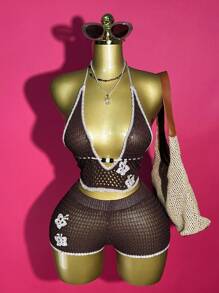 Slaydiva New Summer Casual Vacation, Street Daily Date, Birthday Party, Travel Season, Cruise Party, Beach Party, Sexy Y2K, Internet Celebrity Bestitems, Halter Top, Halter Neck, Tie, Deep V-Neck, Large Backless Cut Crop Top + Slim Super Shorts, Brown Woolen Suit, Three-Dimensional Flower Decoration Suit, Women's Sweater Two-Piece Set - Brown - View 8