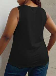 SHEIN LUNE 大码女式字母耳机印花圆领休闲背心 - 黑色 - 查看 2