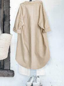 Linhara 大码女式休闲百搭法式复古风格时尚都市女性经典蓝白条纹设计别致修身百搭衬衫