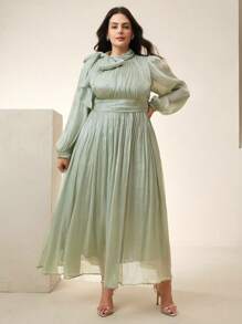 Anewsta Váy dài nhún eo bóng bẩy thanh lịch đa năng cho nữ cỡ lớn, thích hợp cho mùa xuân/thu, lễ hội - Màu xanh Bạc hà - Xem 5