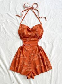 Soleia 女士度假露背系带镂空腰部宽松连体衣，波西米亚风，浪漫花卉，度假风 - 棕色 - 查看 4