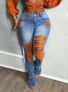 Slaydiva Plus Size Blue Denim Casual Skinny Flare Jeans Summer Outfits For Women Pants Jeans Women Y2k Cowgirl Outfits For Women Contrast Color Ripped Flared Trousers Women Low Rise Jeans Pants For Women Summer Pants Plus Size Jeans