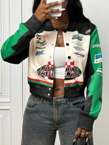 Slaydiva 2025新款早秋冬休闲街头日常约会机车复古棒球夹克口号Logo杏色拼接黑绿印花落肩长袖宽松外套针织面料女装