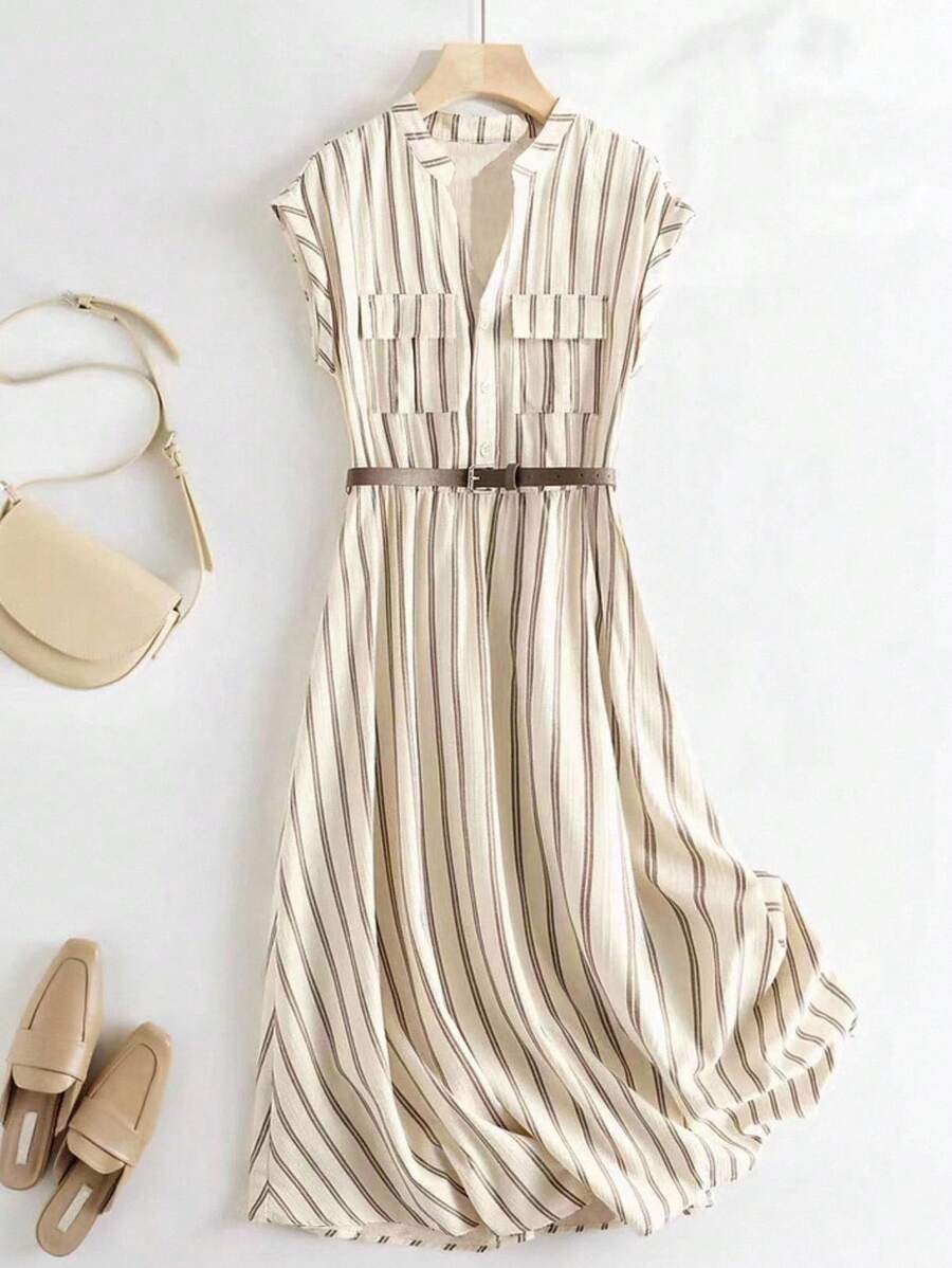 Franclia 女士休闲条纹印花缺口领短袖连衣裙，适合度假 - 杏色 - 查看 1