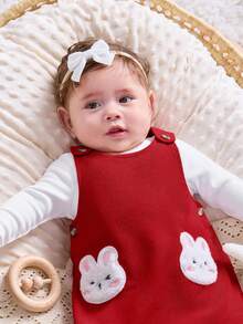 SHEIN Bộ đồ liền thân dài tay và váy họa tiết hoạt hình dễ thương cho bé gái sơ sinh - Đỏ - Xem 2