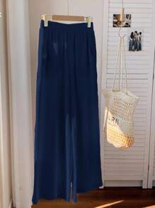 Comfortcana Quần ống rộng ren vá cỡ lớn màu xanh navy dành cho nữ - Màu xanh hải quân - Xem 5