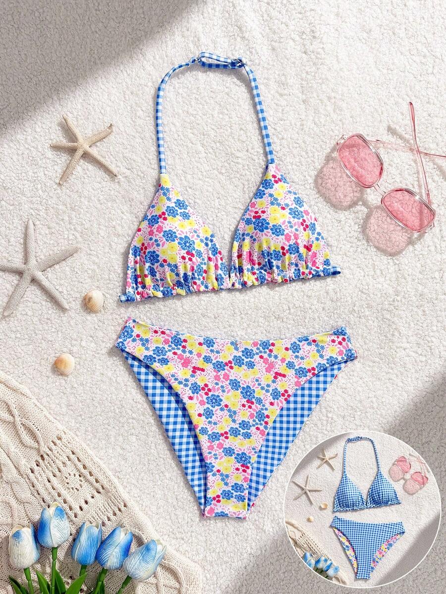 SHEIN 少女花卉和格子印花分体比基尼套装 - 藍色 - 查看 1