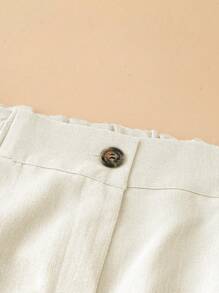 SHEIN LUNE Quần short cạp chun co giãn, ôm vừa vặn, quần kaki cạp cao, quần short đến giữa đùi, đa năng cho mùa xuân/hè - Màu be - Xem 3