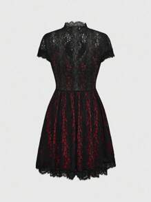 ROMWE Goth 女式哥特式月亮刺绣撞色蕾丝迷你连衣裙 - 紅色 - 查看 2