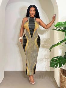 Veslaya 2025 Spring/Summer New Arrival Plus Size Women Dress, Casual/Resort/Tropical Vacation/Music Festival/Road Trip/Date/ Holiday/Party/Sexy Club Outfit, Street Fashion Fitted Mandarin Collar Sleeveless Yellow & Black Abstract Tech Symmetrical Color Blocking Midi Dress - B Plus Size Bodycon Dress Curve Summer Dresses Bodycon Maxi Dress - Yellow - View 6