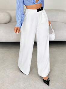 SHEIN SXY Business Casual Leather Belt Wide Leg Suit Pants, White Wide Leg Pants Women ,White Dress Pants, White Flare Pants ,White Pants ,Wide Leg Pants,Fall Women Clothes,Teacher Outfits For Women,Back To School,Business Casual Woman,Work Pants,Old Money - White - View 3