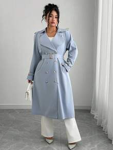 Elenzga 大码时尚休闲复古风格翻领双排扣经典中长款风衣，适合日常穿着、商务穿着、度假穿着