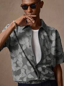 AKNOTIC X Nawaf Alabid 男士花卉提花休闲宽松短袖 Polo 衫，适合夏季、度假、日常、派对、情侣装、礼物 - 黑色 - 查看 3