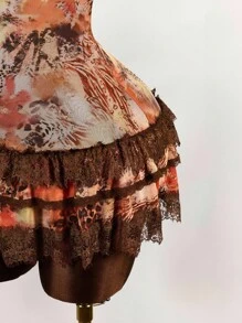 Amplova 复古豹纹蕾丝拼布细肩带层叠荷叶边下摆迷你连衣裙 - 橘色 - 查看 6