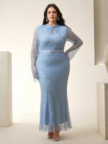 Anewsta Women's Rhinestone Hollow-Out Waist Fitted Fishtail Hem Sleeveless Dress - Blue - View 4
