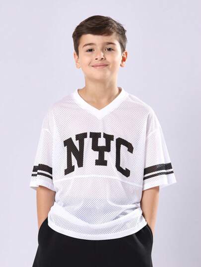 SUMWON 男童纽约城网眼运动衫，校队风格，无袖棒球篮球V领夏季休闲上衣