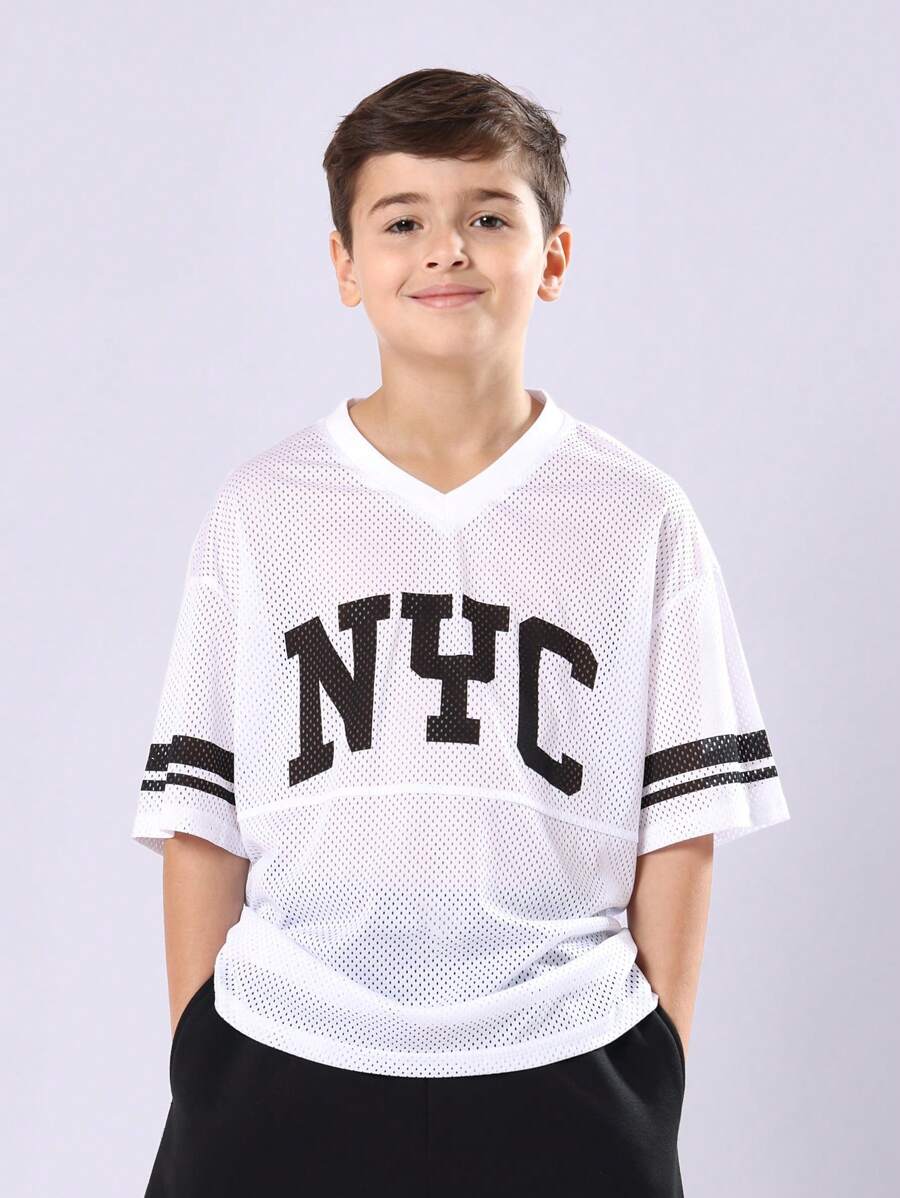 SUMWON 男童纽约城网眼运动衫，校队风格，无袖棒球篮球V领夏季休闲上衣 - 白色 - 查看 1