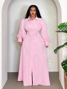 Veslaya Đầm dài dáng suông thanh lịch, màu trơn, tay cánh hoa, cài cúc phía trước, dành cho người có thân hình đầy đặn, thích hợp - Hồng - Xem 8