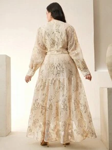 Anewsta Women's Elegant Vacation V-Neck Long Sleeve Hollow Dress With Sequin Texture - Apricot - View 2