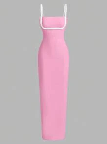 SHEIN Unity 优雅的白色珍珠链装饰吊带紧身长裙，简约别致风格，适合鸡尾酒会、婚礼宾客 - 粉色 - 查看 8