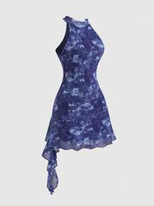 SHEIN Unity 女式薄纱肩带系带露背迷你连衣裙，性感露肩喇叭裙，适合春、夏、秋季 - 彩色 - 查看 6