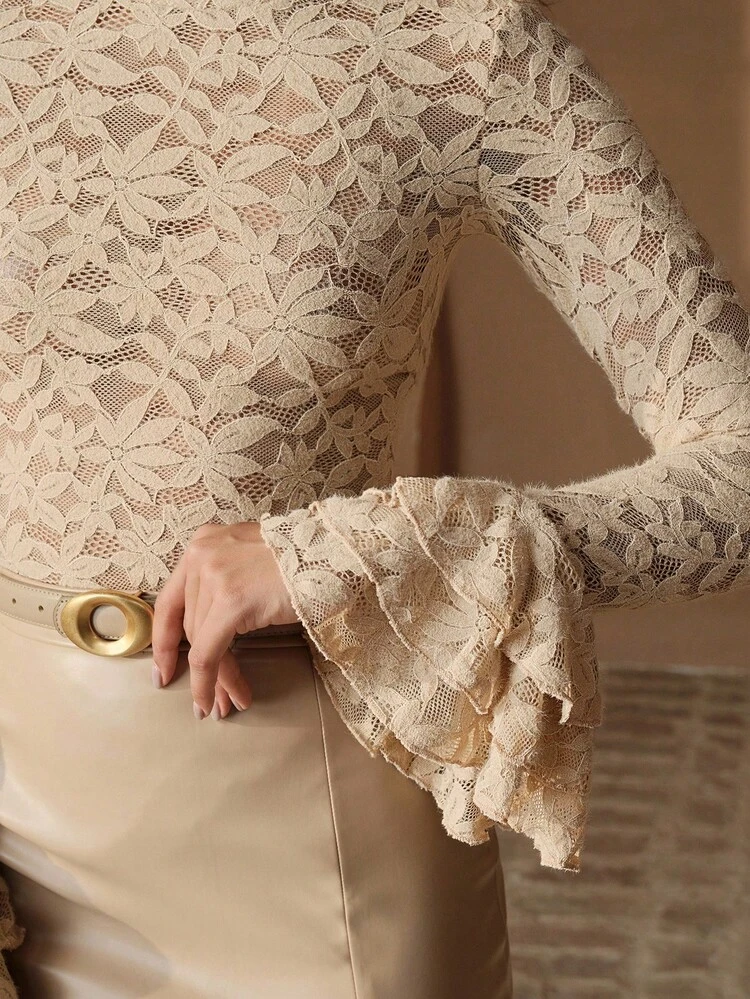 Apricot Elegant High Collar Semi-Sheer Lace Flare Sleeve Ruffle Hem Women Blouse, Autumn/Winter