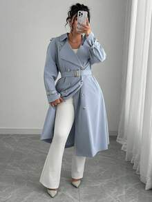 Elenzga 大码时尚休闲复古风格翻领双排扣经典中长款风衣，适合日常穿着、商务穿着、度假穿着