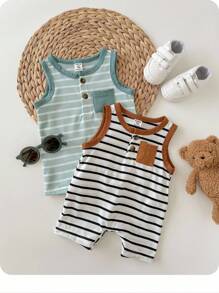 2pcs/Set Baby Boy Casual Striped Color Block Tank Top & Shorts Set, Suitable For Spring & Summer