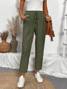 Calvaya Damen einfarbige, lässige, figurbetonte Caprihosen, Damen Frühling/Herbst lässige Jogginghose mit Tunnelzug, Taschen und natürlicher Passform, grüne Baumwoll-Caprihosen mit Normaler Passform, lässiger Alltags-Tragekomfort