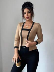 Elenzga Bộ 2 áo dài tay hở trước thanh lịch phối màu cho nữ và áo hai dây - Nhiều màu - Xem 4