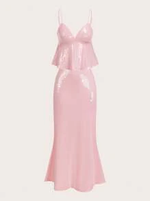 SHEIN EZwear 女士纯色亮片荷叶边下摆吊带背心和鱼尾中裙两件套，优雅 - 粉色 - 查看 5