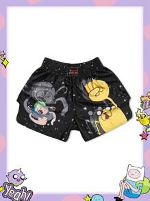 ROMWE MEN Adventure Time X ROMWE Men's Cartoon Pattern Elastic Waist Boxing Shorts - Black - View 3