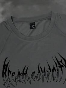 Manfinity Sport Corelite Men's Casual Printed Round Neck Raglan Sleeve T-Shirt Workout Clothes Running Tees & Tanks, Graphic Compression Shirt, Compression Shirts, Men Compression Tops Compression Shirt Men - Dark Grey - View 5