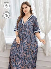 Al Najma Casual Allover Print V-Neck Short Sleeve Loose Regular Dress For Plus Size Women, Spring/Summer - Multicolor - View 6