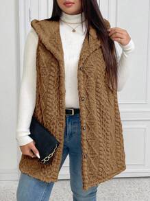 SHEIN Elenzya Plus Size Casual Fluffy Jacquard Solid Color Thick Hooded Single-Breasted Versatile Cardigan Vest Jacket Winter Fall Autumn - Brown - View 8