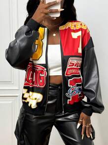 Slaydiva 2025 New Early Autumn Casual Street College Style Retro Daily Dating Digital Slogan Logo Yellow And Red Ball Pattern Loose Ball Jacket Baseball Jacket Front Center Metal Zipper Knitted And Black PU Drop Shoulder Long Sleeve Women's Jacket-A