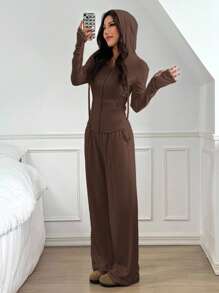 SHEIN EZwear 女士休闲咖啡棕色抽绳连帽衫和裤子套装 - 咖啡棕 - 查看 4
