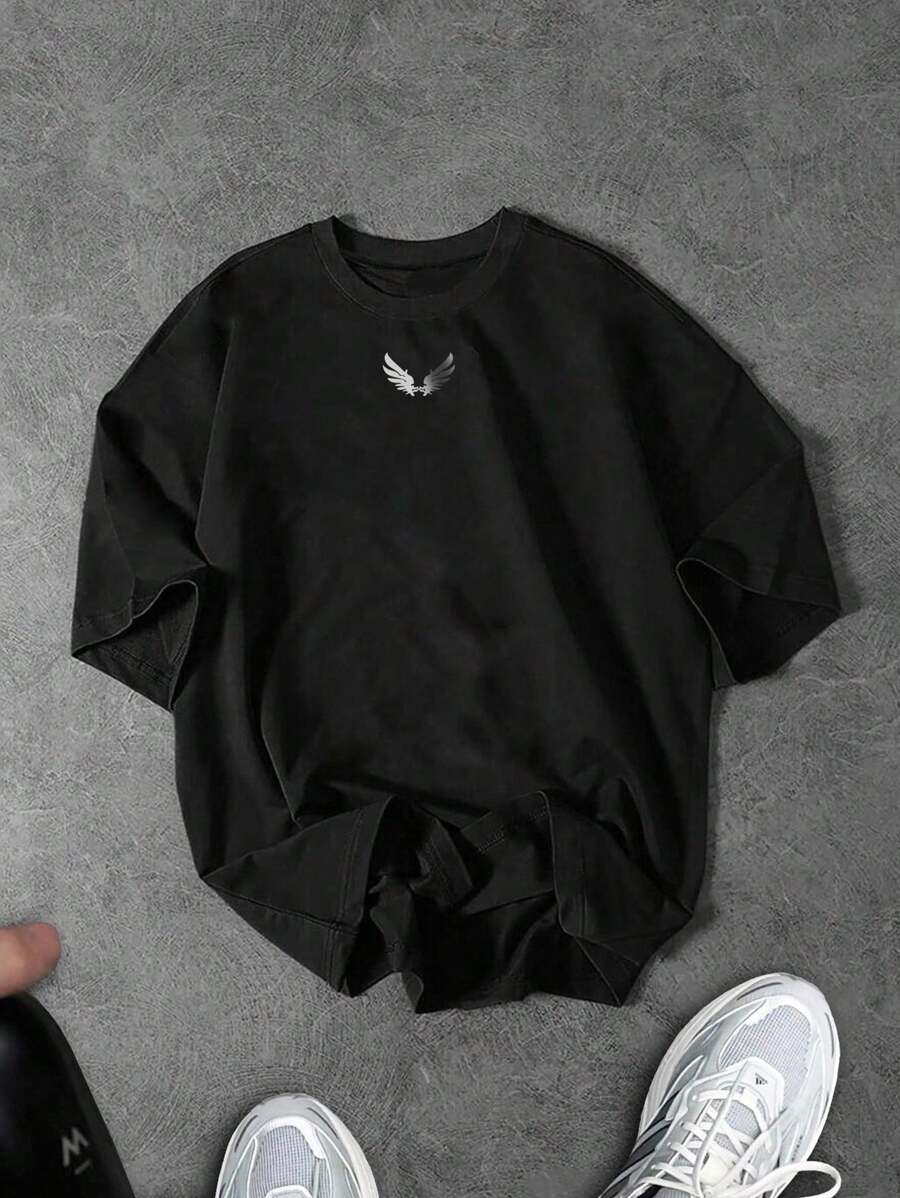 StoneGrade Men's Loose Fit Wing Print Drop Shoulder Casual T-Shirt, Summer Black Gym Top Black T-Shirt Black Tee Wings Tshirt Workout Shirt - Black - View 1