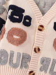 SHEIN Baby Boy/Girl Apricot Minimalist Letter Pattern Soft Knit V-Neck Long Sleeve Cardigan Sweater, Casual Warm Style Suitable For Home And Outdoor Wear, Autumn/Winter - Apricot - View 10