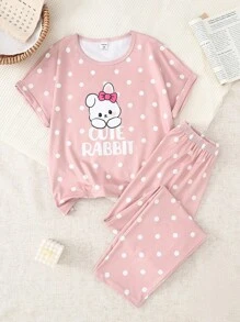 Genkimix Kids 2pcs Cute Rabbit Polka Dot Print Short Sleeve Shorts Casual Sleepwear Set For Tween Girls - Pink - View 6