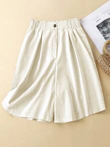 SHEIN LUNE Quần short cạp chun co giãn, ôm vừa vặn, quần kaki cạp cao, quần short đến giữa đùi, đa năng cho mùa xuân/hè - Màu be - Xem 1