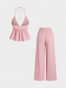 Sweetra 女士浪漫吊带背心，腰部系带设计，饰有荷叶边，搭配松紧腰纹理长裤，两件套 - 粉色 - 查看 2