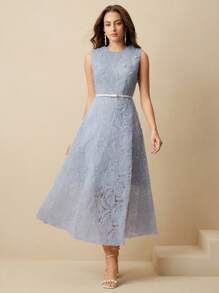 Anewsta Đầm midi không tay thiết kế thanh lịch cho nữ, trang trí hoa nhiều lớp, thắt eo ngọc trai, thích hợp cho mùa xuân, mùa hè, lễ hội, tốt nghiệp - Màu xanh lam - Xem 5