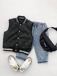 SHEIN Chaleco/Chaqueta negra con estampado gráfico de letra y acolchado, estilo callejero casual y holgado para niño, forro grueso, cómodo para ir al trabajo, la escuela, uso diario, deportes, adecuado para otoño e invierno - Negro - Ver 3