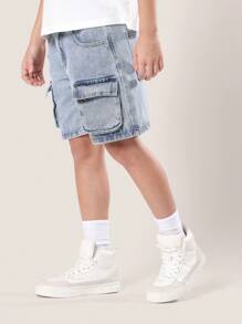 SUMWON Jungen Jeans Cargo Shorts Jugendliche Lässig Sommer Outdoor Abenteuer Locker Sitz Mehrere Taschen Alltagskleidung Komfortabel Spielzeit Unterteil - Helle Waschung - Übersicht 4