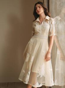 Anewsta 女士衬衫领镂空花卉蕾丝格子连衣裙，情人节，夏季海滩度假，新年装，春季，约会之夜 - 杏色 - 查看 5