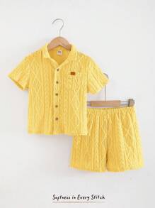 Cozy Pixies 2件套男童纯色Polo领短袖开衫和松紧腰短裤 - 黃色 - 查看 3