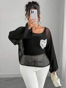 Elenzga Suéter feminino plus size com bolso vazado e manga comprida, versátil e sensual, primavera/outono